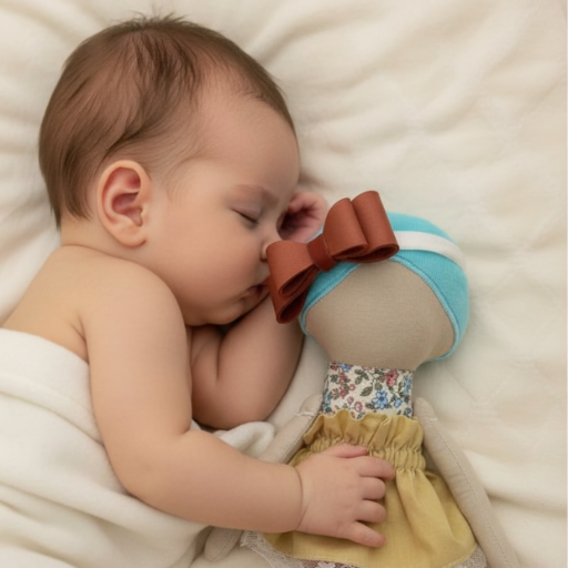 Bébé endormi contre sa poupée, illustrant le réconfort et l’apaisement face à la peur du noir chez l’enfant.